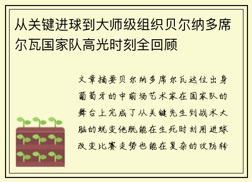 从关键进球到大师级组织贝尔纳多席尔瓦国家队高光时刻全回顾